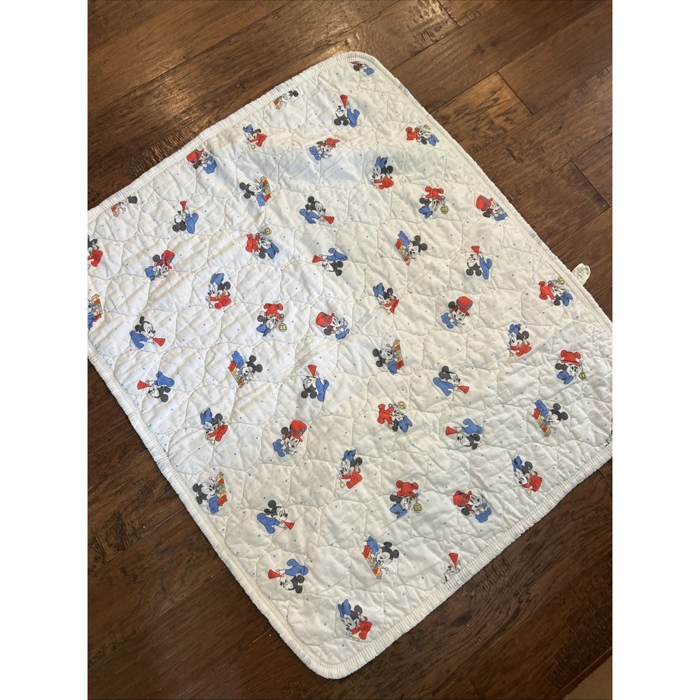 Vtg Disney Babies Mickey Quilted Crib Blanket Ruffled Edges 38.5 x 33"